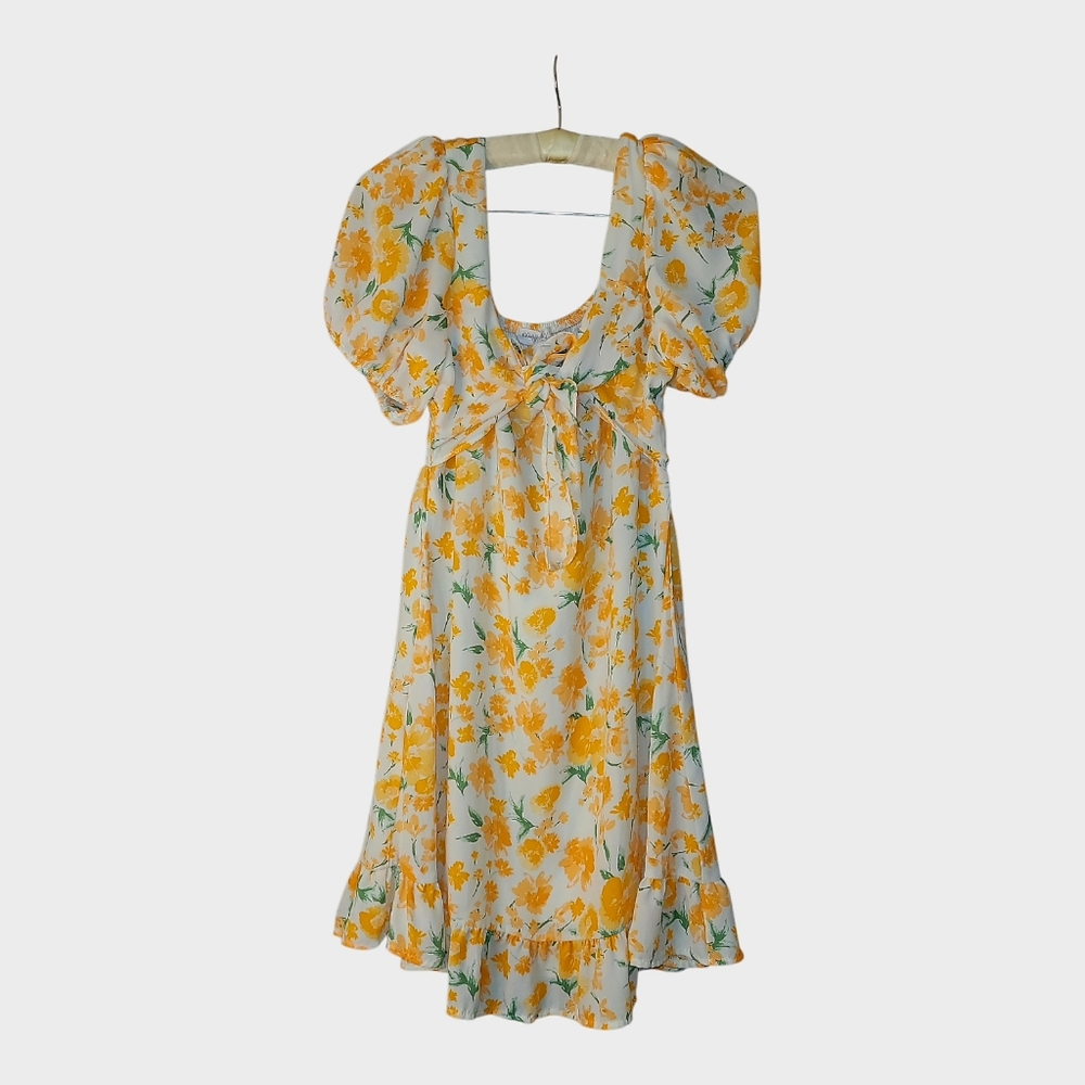 Yellow & White Floral Smocked Top Spring Summer Mini Dress S Garden Fairy